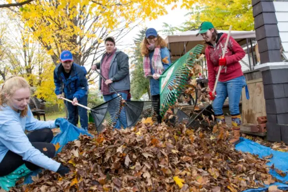 Students rake leaves for the community.